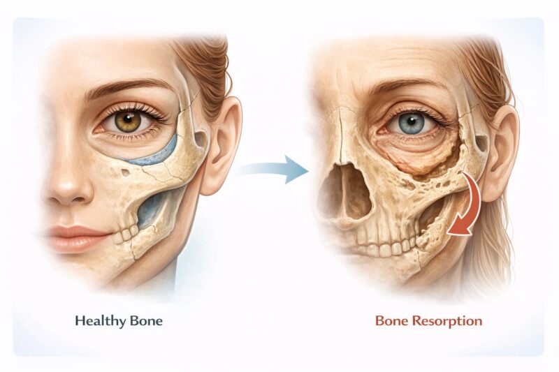 ภาพแสดง midcheek resorption ที่ทำให้การรองรับใต้ตาลดลงและเกิดร่องใต้ตาชัดขึ้น