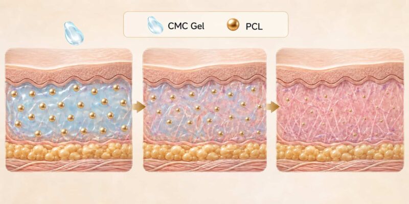 ภาพกลไกการทำงานของ Ellansé โดย CMC Gel ช่วยเติมเต็ม และ PCL ช่วยกระตุ้นการสร้างคอลลาเจน