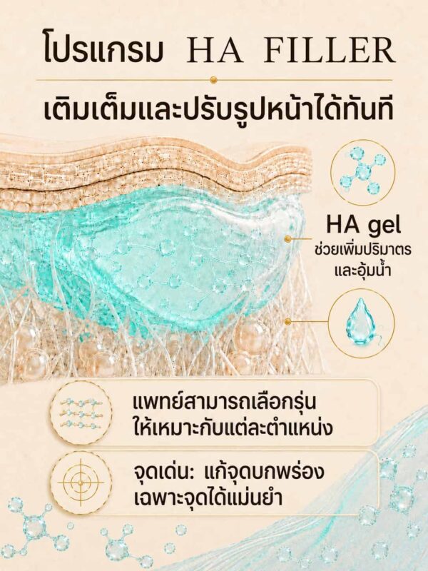กลไกโปรแกรม HA Filler ใช้เจลไฮยาลูรอนิกแอซิดเพื่อเติมเต็ม ปรับรูปหน้า และเลือกรุ่นให้เหมาะกับแต่ละบริเวณ