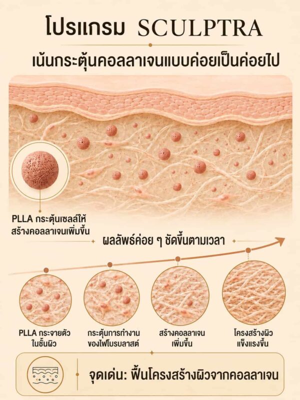 กลไกโปรแกรม Sculptra ใช้อนุภาค PLLA กระตุ้นการสร้างคอลลาเจนอย่างค่อยเป็นค่อยไป